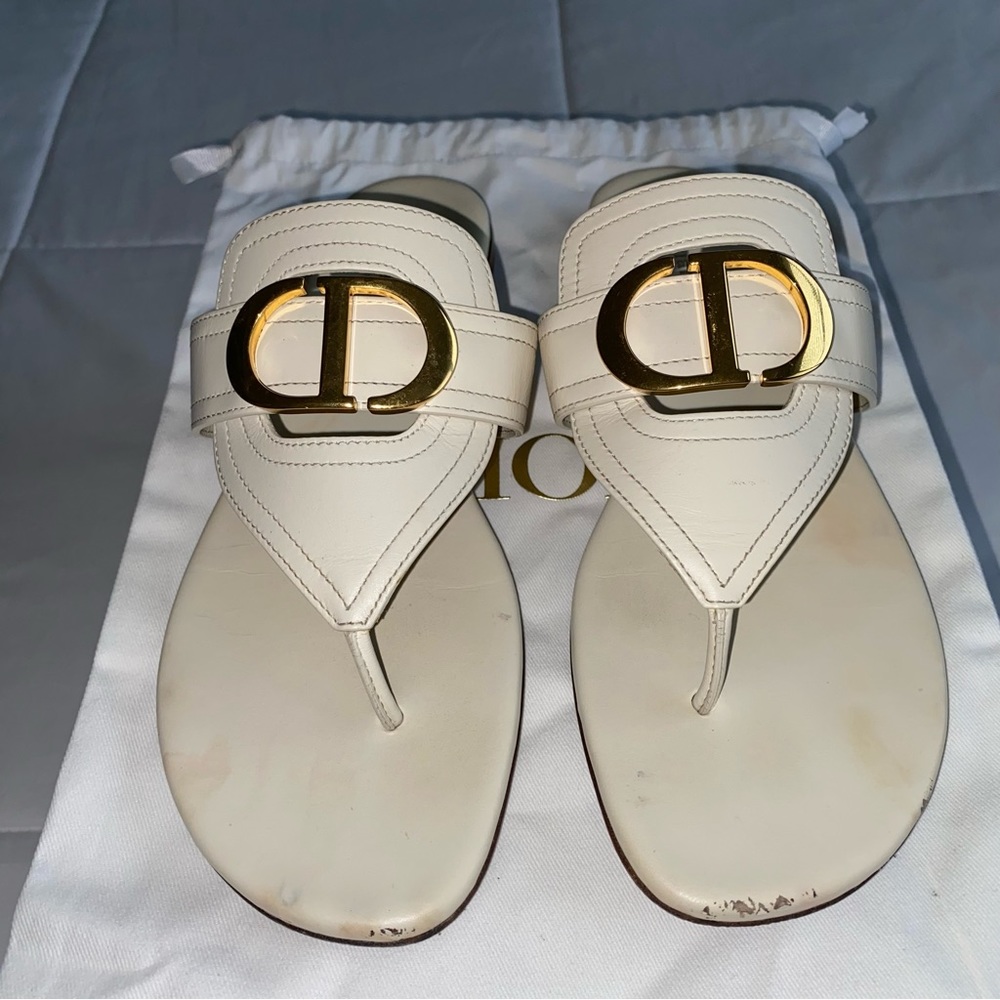 DIOR Authentic Christian Dior 30 Montaigne CD Gold Logo White Leather Sandals 37 - Picture 4 of 11
